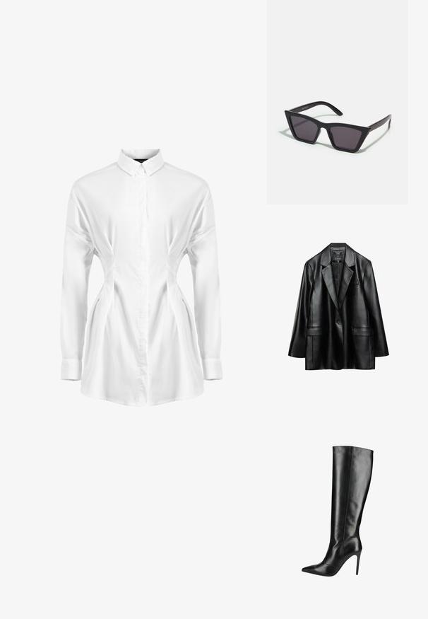 Blazer en faux cuir noir avec revers crantés, fermeture à un bouton et deux poches avant, présentant une texture lisse et brillante.; Chemise blanche à manches longues en tissu lisse, avec une fermeture à boutons à l'avant, un col pointu et des détails froncés sur les côtés pour un effet épuré.; Botte stiletto en cuir noire montant jusqu'au genou, avec bout pointu et talon haut et fin, vue de côté sur fond blanc.; Lunettes noires angulaires avec des verres gris ; fabriquées en plastique, avec des branches épaisses à la surface lisse et sans matériel visible.
