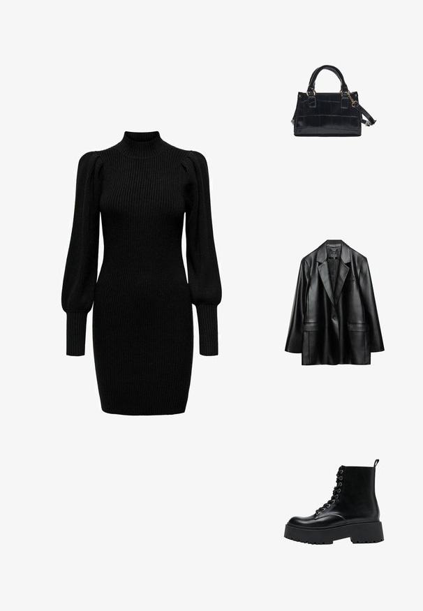 Blazer en faux cuir noir avec revers crantés, fermeture à un bouton et deux poches avant, présentant une texture lisse et brillante.; Robe en tricot noire avec un col montant, de longues manches bouffantes et une texture côtelée. Forme ajustée, atteignant le milieu de la cuisse. Aucun motif ni accent visible.; Bottine en cuir noir à lacets, avec une semelle épaisse, œillets en métal et une languette au talon, présentée en profil latéral sur fond blanc.; Sac à main en simili cuir noir avec une texture croco, design structuré, poignées courtes, bandoulière amovible et accents en métal doré.