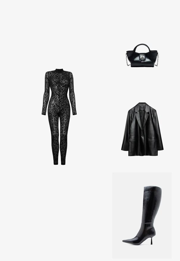 Zwarte neplederen blazer met inspringende revers, sluiting met één knoop en twee voorzakken, met een gladde, glanzende textuur.; Zwarte doorschijnende bodysuit met lange mouwen, hoge kraag en zebra-strepenpatroon. Bevat een aansluitend ontwerp en textuur gaasstof.; Zwarte kniehoge stiletto laarzen met een glanzende leren afwerking, puntige neus en slanke tapse hak, met een glad oppervlak en een stijlvolle design.; Zwarte leren handtas met een gebogen handvat, zilveren slot aan de voorkant en een afneembare zilveren kettingriem op een witte achtergrond.