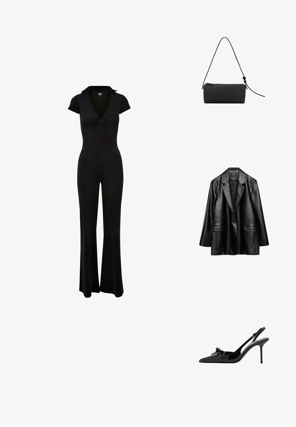 Sort faux læder blazer med spidse revers, enkelt knaplukning og to frontlommer, der har en glat, skinnende tekstur.; Sort jumpsuit med lynlås foran, korte ærmer og krave. Vide ben og en tætsiddende talje, lavet af en glat, strækbar stof.; Sort laklæder spids tå slingback højhælet sko med tynd rem og sløjfedetalje foran.; Sort cylindrisk taske lavet af struktureret stof, med lynlås og skulderrem. Dekoreret med små hvide nitter over det hele.