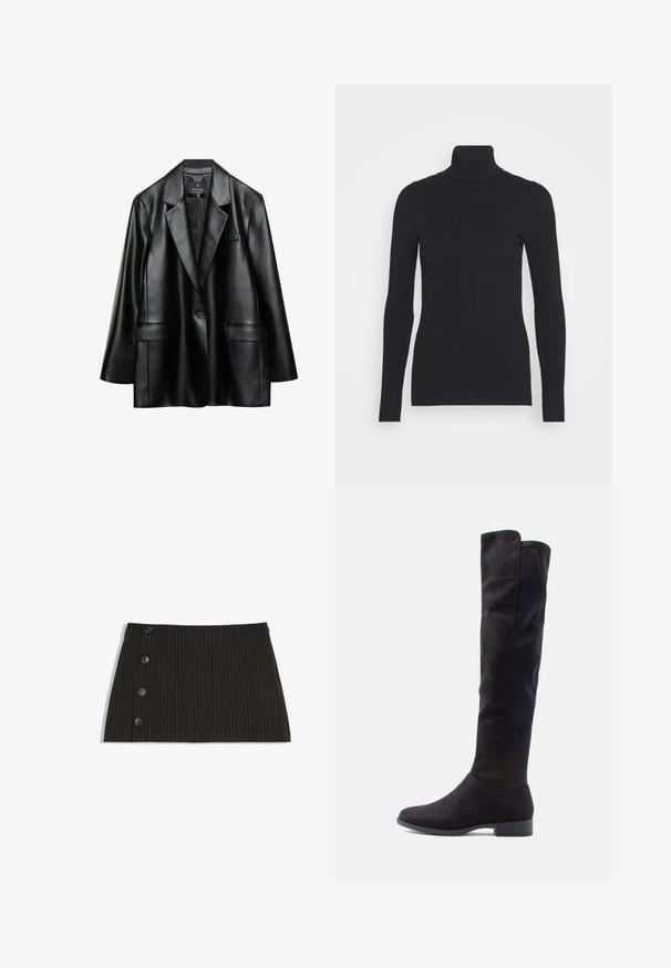 Blazer en faux cuir noir avec revers crantés, fermeture à un bouton et deux poches avant, présentant une texture lisse et brillante.; Pull noir à col roulé côtelé, doté de longues manches et d'une silhouette près du corps. La texture est lisse avec un motif de côtes horizontal.; Mini-jupe noire à fines rayures blanches et quatre boutons noirs alignés verticalement sur le côté gauche.; Bottes noires en suède haute jusqu'au genou avec une texture lisse, un bout arrondi et un petit talon carré ; design minimaliste sans quincaillerie visible.