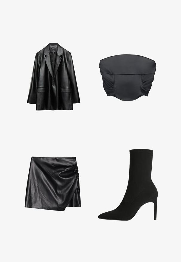 Sort faux læder blazer med spidse revers, enkelt knaplukning og to frontlommer, der har en glat, skinnende tekstur.; Sorte faux læder cropped top med sammensat tekstur og en struktureret form, der har en glat overflade og minimale sydetaljer.; Sort læder mini nederdel med en omslagdesign, der har en blød, glat tekstur og diskrete draperingsdetaljer på den ene side.; Sort ankelstøvle fremstillet af blødt suede, med spids tå og høj stilettohæl. Minimalistisk design uden synligt hardware eller mønstre.