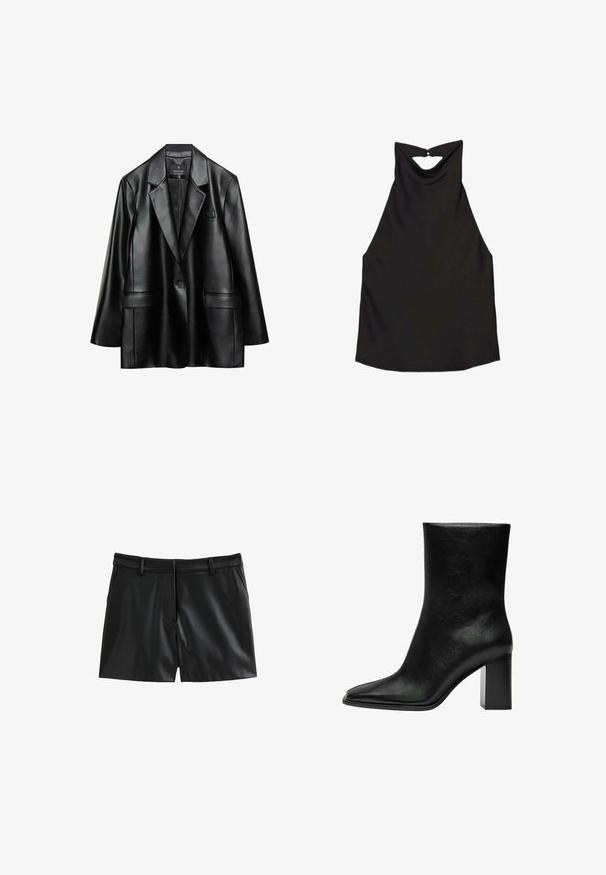 Blazer en faux cuir noir avec revers crantés, fermeture à un bouton et deux poches avant, présentant une texture lisse et brillante.; Haut noir sans manches à col montant avec une petite découpe en forme de clé maintenue par un bouton à l'arrière.; Shorts en cuir noir présentant une texture lisse, une coupe ajustée, des passants de ceinture et deux poches avant, avec un léger éclat.; Bottine noire en cuir lisse, dotée d'un bout pointu et d'un large talon rectangulaire. Design minimaliste sans embellissements.