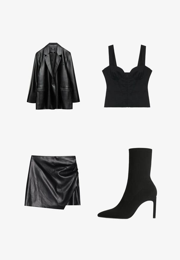 Čierna umelá kožená sako s vykrojenými klopami, uzatváraním na jedno tlačidlo a dvoma prednými vreckami, s hladkou, lesklou textúrou.; Čierny krátky bustier top so širokými ramienkami a štruktúrovanými košíkmi, navrhnutý pre priliehavú siluetu.; Čierna kožená mini sukňa s prekrývacím dizajnom, s jemnou, hladkou textúrou a decentnými záhybmi na jednej strane.; Čierne členkové topánky vyrobené z mäkkého semišu, s špicatou špičkou a vysokým ihlovým podpätkom. Minimalistický dizajn bez viditeľného hardvéru alebo vzorov.
