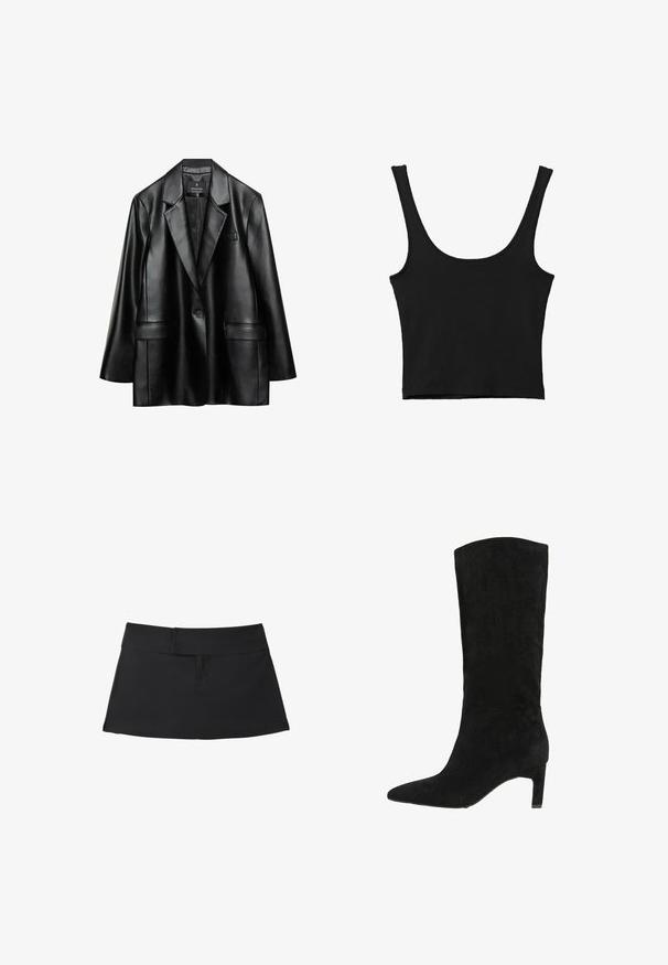 Blazer en faux cuir noir avec revers crantés, fermeture à un bouton et deux poches avant, présentant une texture lisse et brillante.; Débardeur noir court avec de larges bretelles, fabriqué à partir d'un matériau doux, présentant une texture lisse et un design minimaliste.; Jupe courte noire avec une large ceinture et des détails de couture simples, posée à plat sur un fond blanc.; Botte noire en suédine arrivant au genou, avec un bout pointu et un petit talon. Texture lisse sans embellissements ni motifs visibles.