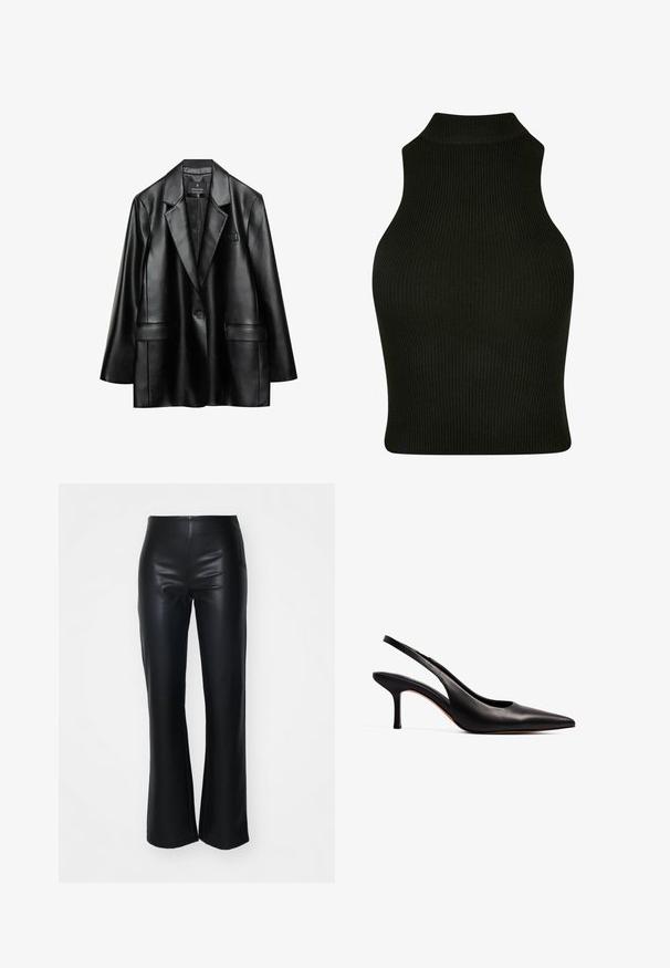 Blazer en faux cuir noir avec revers crantés, fermeture à un bouton et deux poches avant, présentant une texture lisse et brillante.; Haut sans manches noir à côtes avec un col montant, présentant un design ajusté et un tissu texturé.; Pantalons évasés en simili cuir noir avec une texture lisse, dotés d'une taille ajustée et de jambes légèrement évasées, conçus pour une silhouette élégante.; NA-KD Escarpins - black