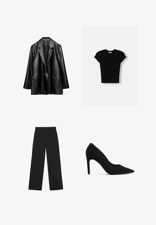 Blazer en faux cuir noir avec revers crantés, fermeture à un bouton et deux poches avant, présentant une texture lisse et brillante.; T-shirt noir à manches courtes en coton. Design ajusté, col rond et texture lisse. Aucun motif ni élément supplémentaire visible.; Pantalon noir à jambes larges avec bouton et passants pour ceinture, doté d'une taille haute classique et d'une coupe ajustée.; Pompe à talon haut en suede noir avec un bout pointu, texture lisse et silhouettes épurée ; dotée d'un talon aiguille et d'un design minimaliste.