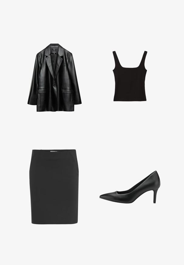 Sort faux læder blazer med spidse revers, enkelt knaplukning og to frontlommer, der har en glat, skinnende tekstur.; Sort tanktop med firkantet udskæring, lavet af glat bomuldsstof, med brede stropper og en tætsiddende silhuet.; Sort knælængde pencilskørt med lige pasform og lynlås i siden.; Sort læder højhælet sko med spidse tå, der har et udskæringsdesign og en slank stiletto hæl. Glat tekstur og strømlinet silhuet.