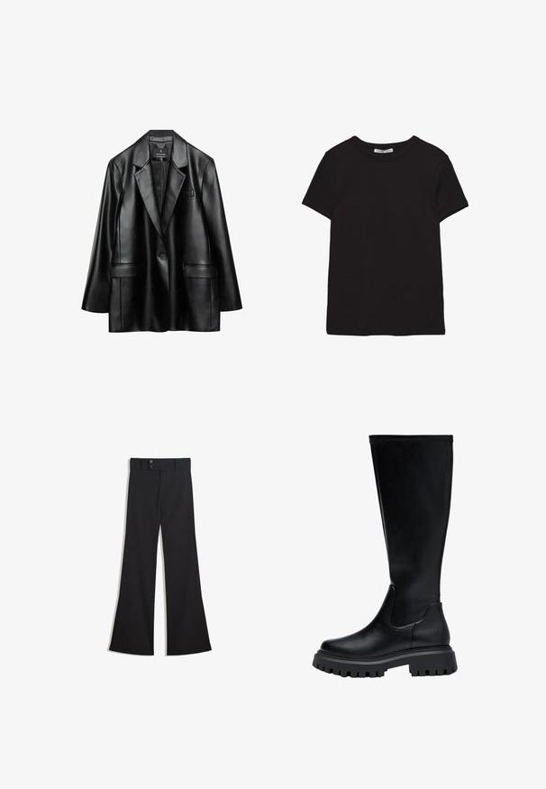 Schwarze Kunstlederjacke mit Reverskragen, einreihiger Knopfverschluss und zwei vorderen Taschen, mit einer glatten, glänzenden Textur.; Schwarzes, kurzärmliges Baumwoll-T-Shirt mit rundem Halsausschnitt, Standardpassform und sichtbarem innerem Nackenetikett.; Schwarze High-Waist-Hose mit weitem Bein, doppeltem Knopfverschluss am Bund und vorderlichem Reißverschluss, flach auf weißem Hintergrund präsentiert.; Knöchelhohe schwarze Lederstiefel mit runder Zehenform, elastischen Seitenpaneelen und einer robusten Gummisohle mit einem Profilmuster.