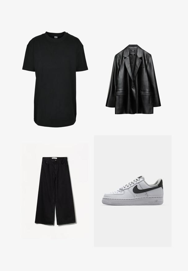 Schwarze Kunstlederjacke mit Reverskragen, einreihiger Knopfverschluss und zwei vorderen Taschen, mit einer glatten, glänzenden Textur.; Schwarzes T-Shirt mit kurzen Ärmeln und Rundhalsausschnitt in Größe XS mit dem Etikett "Urban Classics" innen am Kragen.; Schwarze weit geschnittene Jeans aus Denim. Mit hoher Taille, Vorder- und Gesäßtaschen sowie silberfarbener Hardware an der Knopf- und Reißverschlussöffnung.; Weißes Leder-Sneaker mit grauen Akzenten, runde Zehenpartie, strukturierte Oberfläche, gepolsterter Kragen und kontrastierendes schwarzes Swoosh-Logo. Luftgepolsterte Sohle.