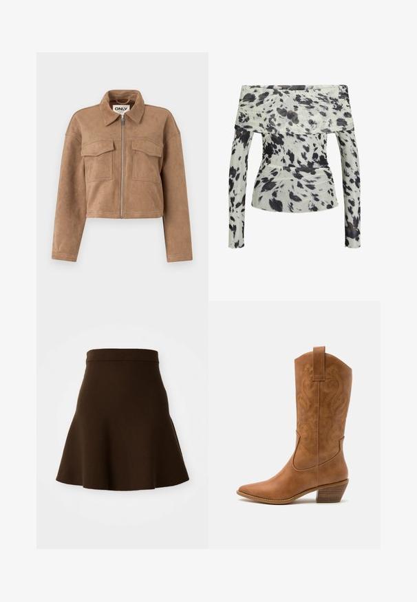 Brun cropped jakke lavet af blød ruskind med lange ærmer, lynlås lukning og to brystlommer. Har synlige stikninger som detaljer.; Off-shoulder top i let stof med hvid bund og sort og brun abstrakt print. Lange ærmer med rynket tekstur.; Brun udvidet nederdel lavet af et blødt stof med en glat tekstur. Har en tætsiddende talje og et knælangt design, uden synlige mønstre.; Tan læder cowboystøvle med spids tå, broderede svirvelmønstre på skaftet og en stablet blokhæl. Har en træksløjfe for nem af/på.