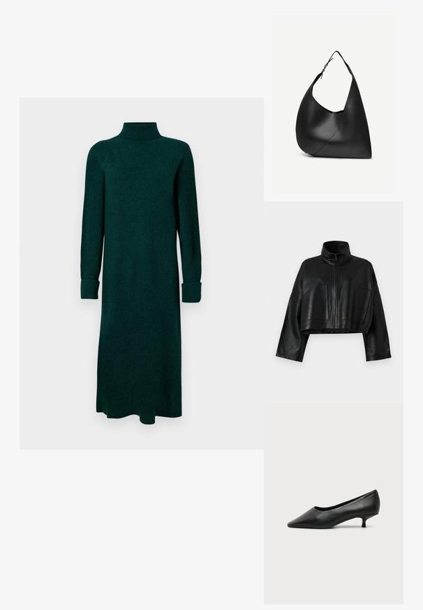 Veste en cuir noir courte avec un col haut, fermeture à glissière à l'avant et deux grandes poches. Elle présente des manches larges et une finition lisse et texturée.; Robe turtleneck vert foncé, manches longues avec des poignets, coupe droite, tissu texturé, design longueur genou, style minimaliste.; Escarpin femme en cuir noir à petit talon, bout pointu et petit talon kitten sur fond clair uni.; Sac à épaule en cuir noir avec forme triangulaire incurvée, une seule sangle ajustable, et une couture diagonale visible à l'avant.