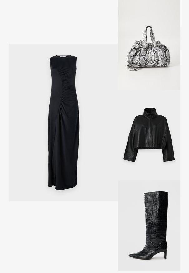 Schwarze, cropped Lederjacke mit hohem Kragen, vorderem Reißverschluss und zwei großen Taschen. Sie verfügt über weite Ärmel und eine glatte, strukturierte Oberfläche.; Schwarzes, ärmelloses Maxikleid mit drapiertem Seitendetail, aus glattem Stoff gefertigt; hat einen runden Ausschnitt und eine figurbetonte Silhouette.; Schwarze kniehohe Stiefel mit glänzender, krokodilgeprägter Textur, spitzer Zehenpartie und schmalem Absatz. Glattes synthetisches Material.; Schwarz-weiße Handtasche im Schlangenhautmuster mit zwei Griffen, einem Kordelzugverschluss und einem abnehmbaren Schultergurt. Glatte Textur.