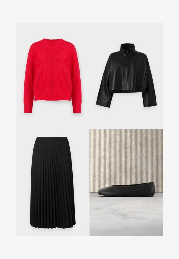 Sort læder cropped jakke med højt krave, front lynlås og to store lommer. Har brede ærmer og en glat, struktureret overflade.; Rød strikket sweater med rund halsudskæring, drop-shoulder ærmer og ribbede manchetter og kant. Blød tekstur med en let løs pasform.; Sort plisseret midinederdel med elastisk linning. Har flere lodrette plisseringer for tekstur og bevægelse. Fremstillet af et glat, let stof.; Sorte læder balletflade med en rund tå, glat tekstur og en gulds logoaccent på siden. Placeret over en reflekterende overflade.