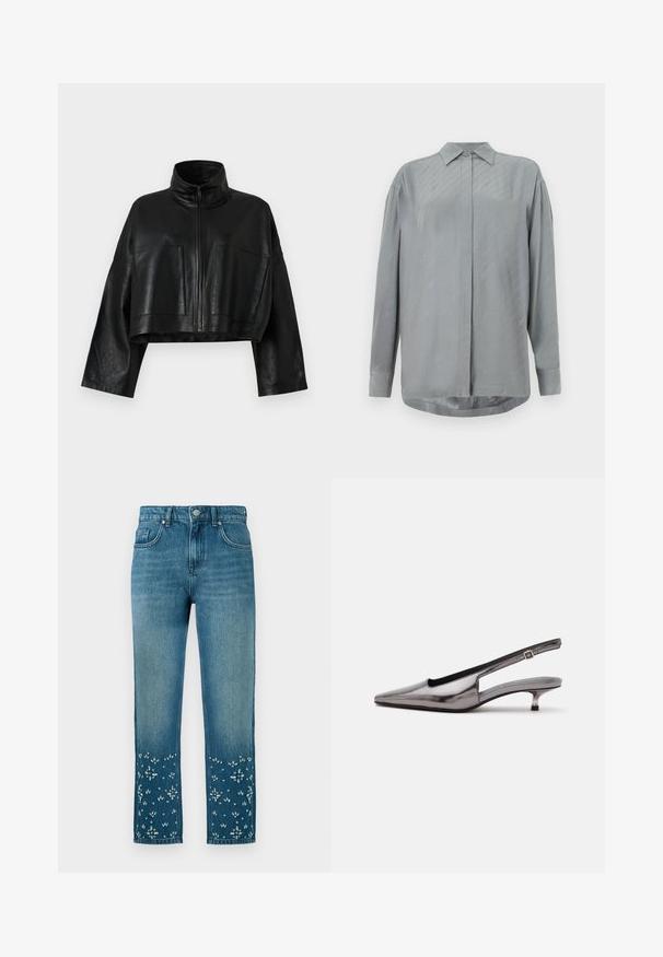 Veste en cuir noir courte avec un col haut, fermeture à glissière à l'avant et deux grandes poches. Elle présente des manches larges et une finition lisse et texturée.; Chemise gris clair à manches longues en tissu lisse avec un devant à boutons et de subtils motifs diagonaux. Col classique et ourlet arrondi.; Jean en denim bleu à coupe droite, avec broderies florales et embellissements à l'ourlet et design à cinq poches.; Chaussure slingback gris métallique à bout pointu, petit talon kitten et bride réglable sur fond blanc.