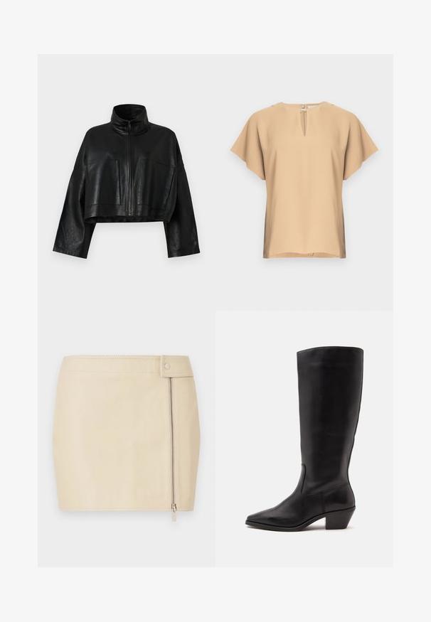 Veste en cuir noir courte avec un col haut, fermeture à glissière à l'avant et deux grandes poches. Elle présente des manches larges et une finition lisse et texturée.; Blouse beige avec un col en forme de goutte et des manches courtes et larges. Tissu lisse avec une coupe décontractée et un ourlet droit. Design minimaliste.; Mini-jupe en cuir beige à la coupe ajustée, dotée d'une fermeture éclair latérale et d'un bouton. Texture lisse avec des détails de couture.; Botte en cuir noire mi-mollet avec un bout pointu et un talon bas incliné sur un fond clair uni.