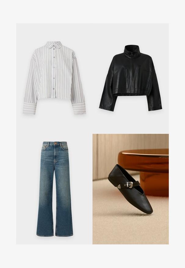 Veste en cuir noir courte avec un col haut, fermeture à glissière à l'avant et deux grandes poches. Elle présente des manches larges et une finition lisse et texturée.; Chemisier court à manches longues avec des rayures verticales marron et blanches, devant boutonné, col et poche poitrine.; Jean large en denim bleu moyen, avec une taille haute, un design à cinq poches et une finition légèrement décolorée. Bouton en cuivre et accents de couture.; Chaussure plate en cuir noir avec bout pointu et bride à boucle argentée, posée sur un tapis beige devant une table ronde de couleur ambre.