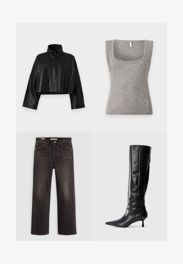 Schwarze, cropped Lederjacke mit hohem Kragen, vorderem Reißverschluss und zwei großen Taschen. Sie verfügt über weite Ärmel und eine glatte, strukturierte Oberfläche.; Graues ärmelloses geripptes Tanktop mit quadratischem Ausschnitt und enger Passform, das eine glatte Textur und leichte Dehnbarkeit zeigt.; Schwarze Jeans aus Denim mit geradem Bein. Verfügt über kupferne Nieten und Taschen. Glatte Textur und leicht verwaschene Optik.; Schwarze Lederstiefel bis zum Knie mit spitzem Zehenbereich und schmalem, geschwungenem Absatz. Glatte Textur, enganliegendes Design und keine sichtbaren Beschläge oder Muster.
