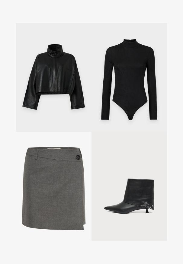 Sort læder cropped jakke med højt krave, front lynlås og to store lommer. Har brede ærmer og en glat, struktureret overflade.; Sort langærmet bodystocking med høj hals og subtil tekstur. Har en lynlås bagpå og en thong-bunddesign.; Grå nederdel lavet af et tekstureret stof, med en knap i siden og en lige silhuet med et let indviklet design.; Sort læderankelstøvle med spids tå, kort kittenhæl og sølvfarvet skriftlig detalje nær hælen.
