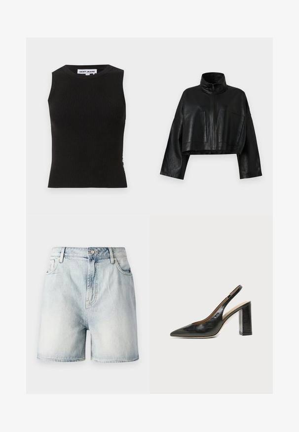 Veste en cuir noir courte avec un col haut, fermeture à glissière à l'avant et deux grandes poches. Elle présente des manches larges et une finition lisse et texturée.; Débardeur noir côtelé avec un col rond, présentant une coupe ajustée et une texture subtile. Les côtes s'étendent sur tout le tissu.; Shorts en denim bleu clair avec fermeture par bouton, cinq poches et une texture délavée. Coupe droite au design classique.; Chaussure slingback en cuir noir à bout pointu avec un talon bloc haut et une doublure intérieure beige sur un fond clair uni.