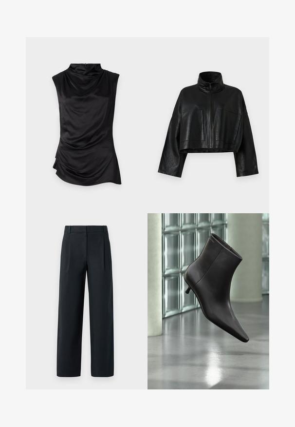 Veste en cuir noir courte avec un col haut, fermeture à glissière à l'avant et deux grandes poches. Elle présente des manches larges et une finition lisse et texturée.; Top sans manches noir en tissu lisse, présentant un col drapé, un ourlet asymétrique et un détail de fronces subtil sur le côté.; Pantalon noir ajusté avec une coupe droite, présentant des plis avant, une texture lisse et des passants de ceinture. Pas de poches visibles.; Bottine en cuir noir avec bout pointu et petit talon, présentée devant un mur en blocs de verre et un sol poli.