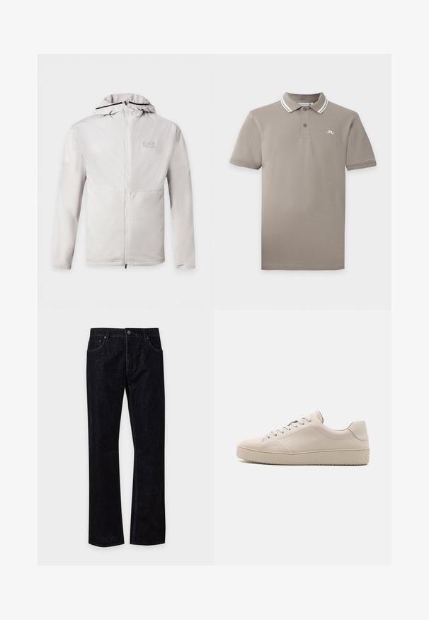 Lichtgrijze zip-up hoodie met lange mouwen, tweekleurige stof en klein EA7 Emporio Armani-logo op de linkerborst.; Beige poloshirt met korte mouwen, twee knopen met knoopsluiting en een witgestreepte kraag, met een klein wit logo op de linkerborst.; Zwarte denim jeans met rechte pijpen, vooraan knoop- en ritssluiting, twee voorzakken en riemlussen tegen een effen achtergrond.; Beige leren sneakers met een gladde afwerking, ronde neus, platte zool en klassiek vetersluiting ontwerp. Subtiele stiksels en een gestructureerde buitenzool.
