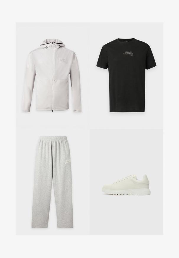 Sweat à capuche gris clair zippé, manches longues, tissu bicolore et petit logo EA7 Emporio Armani sur la poitrine gauche.; T-shirt en coton noir à manches courtes, col rond, avec un logo brodé "Armani Exchange" en contraste sur la poitrine.; Pantalon de jogging décontracté gris clair avec taille élastique et petit texte blanc "GAP 1969" sur la partie supérieure de la cuisse gauche.; Baskets blanches en cuir avec un dessus texturé, bout rond, semelle plate blanche et lacets ton sur ton. Marque discrète sur la languette.
