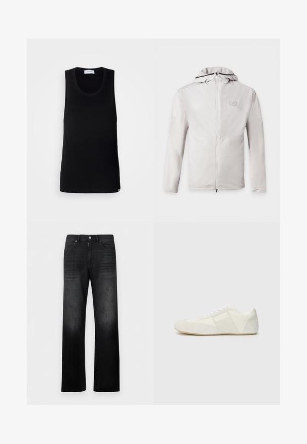 Lysegrå hættejakke med lynlås, lange ærmer, tofarvet stof og lille EA7 Emporio Armani-logo på venstre bryst.; Sort ærmeløs tanktop lavet af bomuld, med en rund halsudskæring og et enkelt design med en diskret mærkeetiket ved kanten.; Sorte jeans med lige ben, foran med knap og lynlås, to forlommer og bæltestropper.; Hvid sportsko med et slankt design, der har en splitlæder tåkap, læderpaneler og kontrasterende teksturerede detaljer. Flad gummisål.