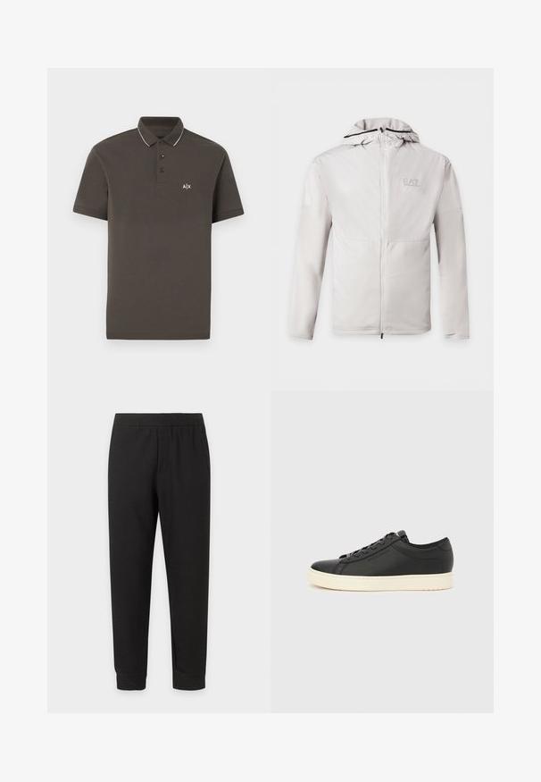 Sweat à capuche gris clair zippé, manches longues, tissu bicolore et petit logo EA7 Emporio Armani sur la poitrine gauche.; Polo gris foncé à manches courtes avec patte de boutonnage à trois boutons, logo blanc sur la poitrine gauche et bordures blanches sur le col.; Pantalon décontracté noir à taille élastique avec jambes effilées et ourlets revers sur fond blanc.; Baskets en cuir noir à texture lisse, semelle en caoutchouc blanche, bout arrondi et lacets noirs assortis. Marquage discret sur le côté.