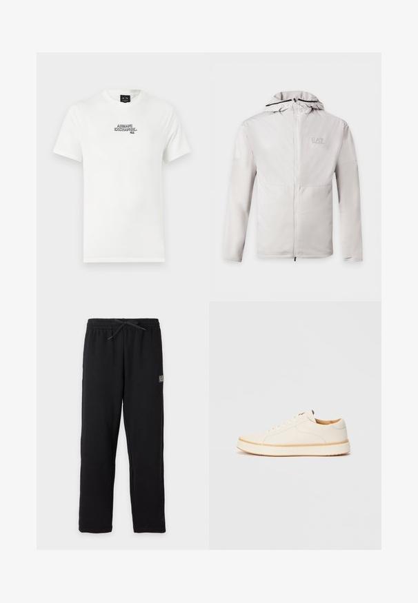 Lichtgrijze zip-up hoodie met lange mouwen, tweekleurige stof en klein EA7 Emporio Armani-logo op de linkerborst.; Witte katoenen t-shirt met een zwart geborduurd logo "ARMANI EXCHANGE N.Y." op de borst. Korte mouwen en een klassieke ronde hals.; Zwarte joggingbroek met elastische tailleband en trekkoord, met een kleine rechthoekige EA7-logo patch op de bovenkant van de linker dij.; Witte leren sneaker met een ronde neus, eenvoudig vetersluiting ontwerp, gevoerde binnenzool en een contrasterende tan rubberen zool. Zachte textuur overal.