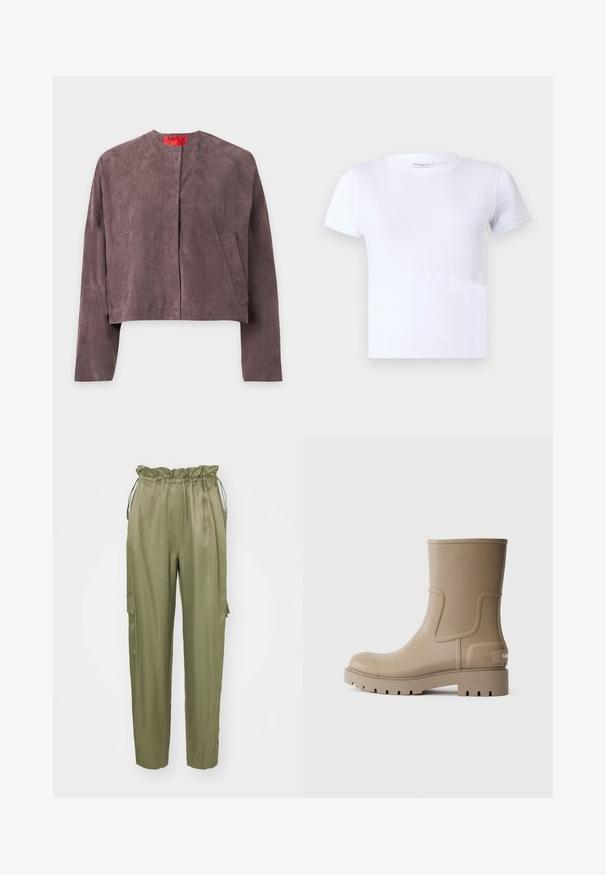 Veste en daim violet à manches longues, col rond, deux poches avant et une étiquette rouge à l'intérieur du col portant la mention MAX.; T-shirt blanc à manches courtes en coton, col rond, texture lisse, avec un subtil détail de couture incurvée sur le devant.; Pantalons cargo vert olive avec une taille élastique à cordon de serrage, jambes fuselées et poche latérale. Tissu lisse avec une finition mate.; Bottes de cheville en caoutchouc beige avec une finition lisse, bout rond et semelle texturée. Présentent un panneau latéral et un détail de logo sur le talon.
