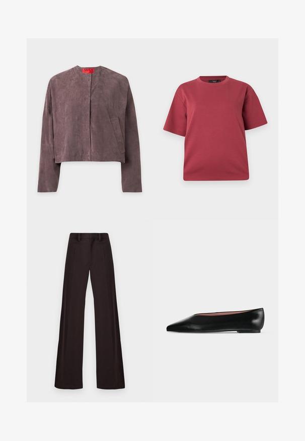 Lilla ruskind langærmet jakke med rund halsudskæring, to forlommer og en rød label inde i kraven med teksten MAX.; Kortærmet T-shirt med rund hals i støvet rosa med en afslappet pasform, vist på en ensfarvet hvid baggrund.; Breddebenede bukser lavet af mørkt stof, med en glat tekstur, bæltestropper og en midtersøm foran, samt et enkelt, udekoreret design.; Sort damesko i læder med flad hæl og spids tå, vist fra siden på en ensfarvet lys grå baggrund.