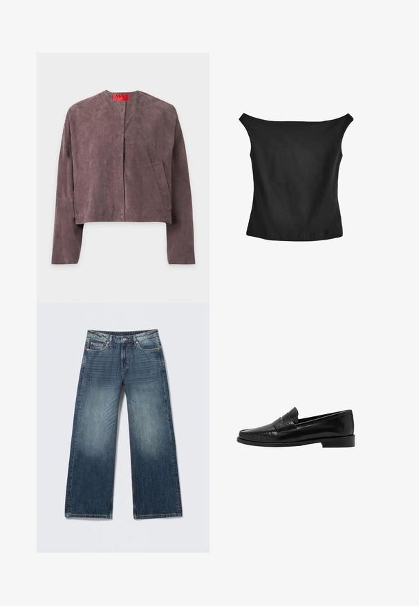Paarse suède lange mouwen jas met een ronde halslijn, twee voorzakken en een rood etiket aan de binnenkant van de kraag met de tekst MAX.; Zwarte off-the-shoulder top van gladde stof. Aansluitende silhouet met brede halslijn en rechte zoom. Geen zichtbare naden of versieringen.; Blauwe jeans met brede pijpen, voorzien van een knoop- en ritssluiting, voor- en achterzakken, en vervaagde waseffecten op de dijen en knieën.; Mango Instappers - black