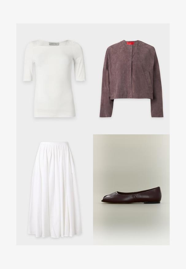 Veste en daim violet à manches longues, col rond, deux poches avant et une étiquette rouge à l'intérieur du col portant la mention MAX.; Haut blanc à manches courtes avec un décolleté carré, fabriqué dans un tissu lisse, présentant des détails discrets de coutures sur les épaules et les côtés.; Jupe longue blanche avec ceinture froncée et tissu fluide, présentée à plat sur un fond clair.; Chaussure plate en cuir marron foncé avec bout ouvert et petit talon sur fond clair uni.