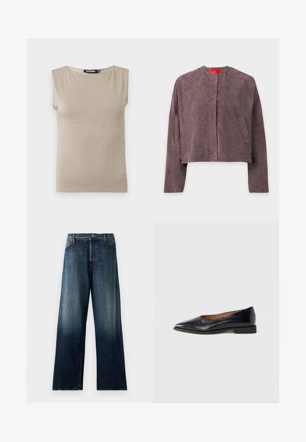 Veste en daim violet à manches longues, col rond, deux poches avant et une étiquette rouge à l'intérieur du col portant la mention MAX.; Haut beige en coton sans manches avec larges bretelles et col rond, taille moyenne, posé à plat sur fond blanc.; Jean bleu foncé à jambes larges avec décoloration sur les cuisses et les poches avant, fermeture par boutons et passants de ceinture, présenté sur fond blanc.; Chaussure plate en cuir noir avec un bout pointu et un petit talon carré. Texture lisse, design minimaliste, sans éléments métalliques visibles ni motifs.
