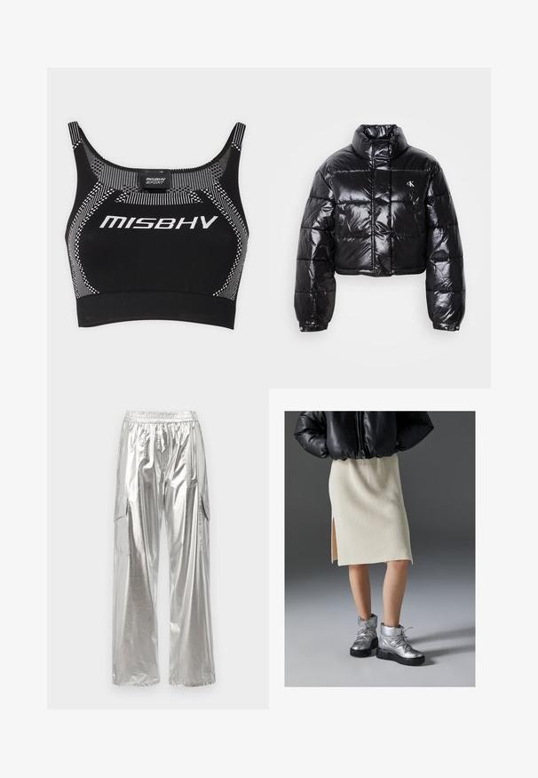 Veste doudoune noire coupée avec finition brillante, col haut, fermeture éclair à l'avant et détail de logo. Présente des manches surdimensionnées et des sections matelassées.; MISBHV TOP - Débardeur - black/white; MCM METALLIC PANTS - Pantalon cargo - silver; Jupe en tricot côtelé crème avec une fente sur le côté, associée à des bottines métalliques argentées avec une semelle épaisse et une finition texturée.