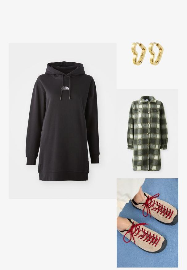 Grøn og grå ternet skjortejakke lavet af blød flannel, med krave, knaplukning fortil og to brystlommer med gyldne knapper.; Sort hoodie kjole lavet af blødt stof, med en front kangaroo lomme, justerbar snørehætte og et lille logo på brystet.; Beige sko med røde snørebånd, placeret på en blå tekstureret overflade, delvist synliggørende en persons ankel. Skoene har et sporty design.; Par polerede guldfarvede hoop-øreringe med ujævn bølget form, graveret med "PILGRIM" på indersiden.