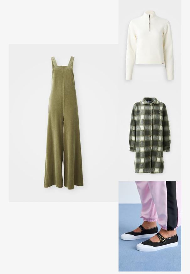 Chaqueta de camisa a cuadros en verde y gris, fabricada en suave franela, con un cuello con solapa, cierre de botones en la parte delantera y dos bolsillos en el pecho con botones dorados.; Pantalones de peto de pana verde oliva con piernas anchas, tirantes ajustables y una superficie texturizada. Diseño simple, sin patrones visibles ni herrajes.; Suéter blanco con cuello de cremallera y mangas largas. Fabricado en un material de punto suave, con puños y dobladillo acanalados. Logo de la marca sutil en el dobladillo.; Zapatillas de lona negras con suela blanca, con un diseño recortado y una correa con hebilla dorada. Combinadas con pantalones de chándal rosas.