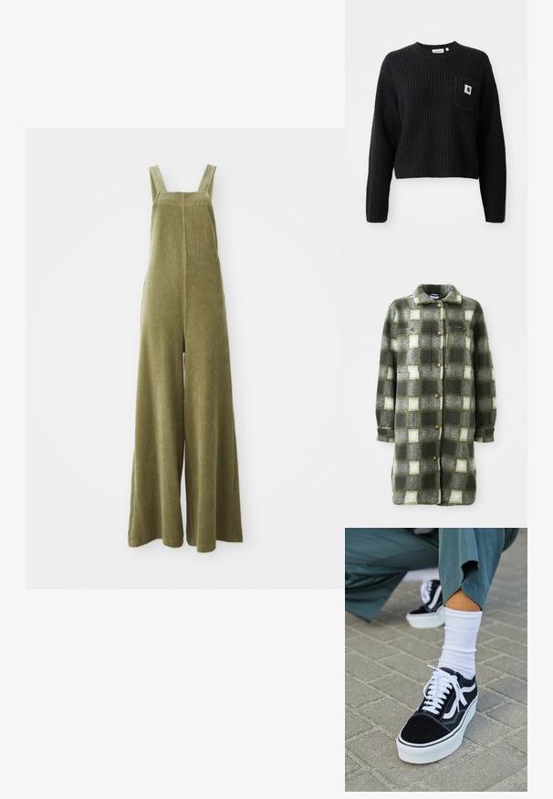 Chaqueta de camisa a cuadros en verde y gris, fabricada en suave franela, con un cuello con solapa, cierre de botones en la parte delantera y dos bolsillos en el pecho con botones dorados.; Pantalones de peto de pana verde oliva con piernas anchas, tirantes ajustables y una superficie texturizada. Diseño simple, sin patrones visibles ni herrajes.; Suéter de punto canalé negro con cuello redondo, mangas largas y un bolsillo frontal con un pequeño parche de logo. Longitud corta.; Zapatillas de ante negro con acentos y cordones blancos, que cuentan con una gruesa suela blanca y costuras en contraste, combinadas con un calcetín blanco.