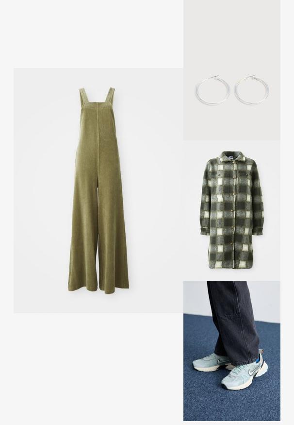 Groen en grijs geruite shirtjacket van zachte flanel, met een kraag, knoopsluiting aan de voorkant en twee borstzakken met gouden knopen.; Olijfgroene corduroy tuinbroeken met brede pijpen, verstelbare bandjes en een gestructureerd oppervlak. Eenvoudig ontwerp, geen zichtbare patronen of hardware.; Lichtblauwe Nike sneakers van mesh met een textuurafwerking, zwarte swoosh en crèmekleurige tussenzool, gecombineerd met donkergrijze wijde broek.; Een paar glanzende zilveren oorringen met dunne draadafsluitingen, getoond op een lichtgrijze achtergrond.