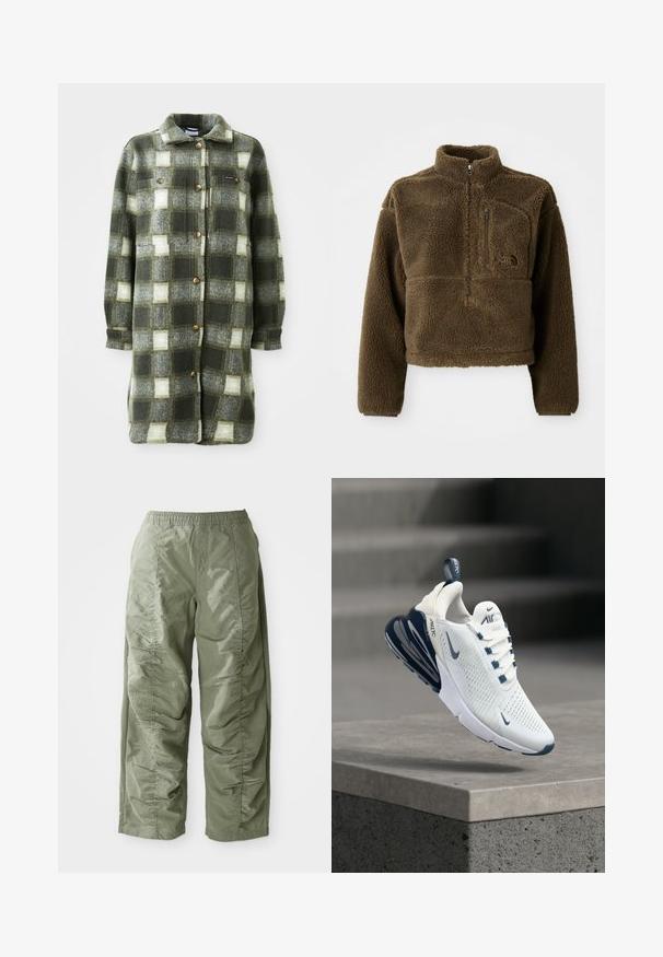 Grün-graue Karottenhemdjacke aus weichem Flanell, mit einem Kragen, durchgehender Knopfleiste und zwei Brusttaschen mit goldenen Knöpfen.; Braune Fleecejacke mit hohem Kragen, halbem Reißverschluss vorne und einer Brusttasche; verfügt über strukturierten Stoff und ein Logo auf der Vorderseite.; Olivgrüne, leichte Hose mit elastischem Bund, die an den Seiten eine geraffte Struktur und einen weiten Beinabschluss aufweist.; Weißer und marineblauer Sportschuh mit sichtbarer Luftsohle, der über einer Betonkante vor unscharfem Hintergrund schwebt.