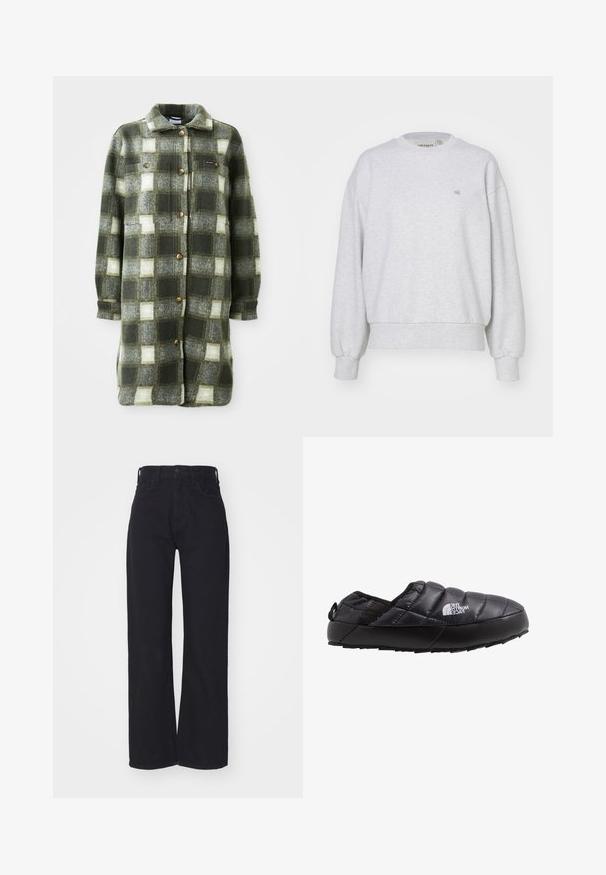 Groen en grijs geruite shirtjacket van zachte flanel, met een kraag, knoopsluiting aan de voorkant en twee borstzakken met gouden knopen.; Carhartt WIP CASEY - Sweater - ash heather/silver; Zwarte hoge taille wijdlopende jeans met een sluiting aan de voorkant met knoop en rits, ceintuurlussen en twee voorzakken op een witte achtergrond.; Zwarte geïsoleerde instapschoen met een gewatteerde bovenkant, rubberen zool en textuurdetails. Voorzien van een hiel trekhaak en merknaam aan de zijkant.