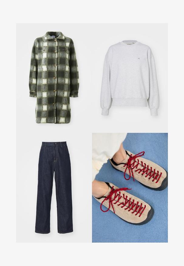 Veste en flanelle à carreaux verts et gris, douce au toucher, avec un col, une fermeture à boutons sur le devant et deux poches poitrine ornées de boutons dorés.; Carhartt WIP CASEY - Sweatshirt - ash heather/silver; Jeans en denim droit bleu foncé avec passants de ceinture, bouton avant et poches latérales sur fond blanc.; Des chaussures beiges avec des lacets rouges, posées sur une surface bleue texturée, révèlent partiellement la cheville d'une personne. Les chaussures ont un design sportif.
