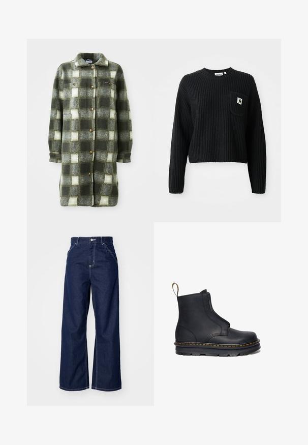 Groen en grijs geruite shirtjacket van zachte flanel, met een kraag, knoopsluiting aan de voorkant en twee borstzakken met gouden knopen.; Zwarte geribbelde gebreide trui met een ronde hals, lange mouwen en een voorzak met een klein logopatch. Verkorte lengte.; Wijd-uitlopende jeans in donkerblauwe denim, met een hoge taille, contrasterende witte stiksels en een traditionele vijf-pocket ontwerp.; Zwarte leren enkelboot met elastische zijpanelen, ronde neus, contrasterende gele stiksels en een robuuste rubberen zool.