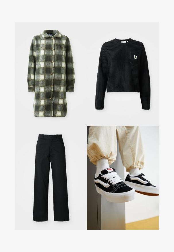 Grøn og grå ternet skjortejakke lavet af blød flannel, med krave, knaplukning fortil og to brystlommer med gyldne knapper.; Sort ribbenstrikket sweater med rund hals, lange ærmer og en frontlomme med et lille logo patch. Forkortet længde.; Sorte vide bukser med flad front, knaplukning og bæltestropper. Fremstillet af holdbart stof med en glat tekstur.; Person iført sorte og hvide Vans sneakers med hvide snørebånd, hvide sokker og beige bukser med elastiske manchetter.
