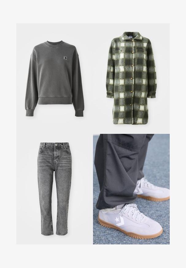 Grøn og grå ternet skjortejakke lavet af blød flannel, med krave, knaplukning fortil og to brystlommer med gyldne knapper.; Grå pullover sweatshirt lavet af glat bomuldsblanding, med rund hals, ribbede manchetter og et lille logopatch på venstre bryst.; Grå denim jeans med høj talje, lige ben, der har forlommer og en lille metal knapdetalje ved taljen.; Lys grå ruskinds sneakers med en gummisål, der har et hvidt stjernelogo og diskrete syninger, parret med mørke bukser.