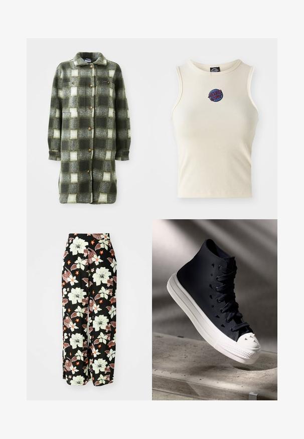 Grøn og grå ternet skjortejakke lavet af blød flannel, med krave, knaplukning fortil og to brystlommer med gyldne knapper.; Creme ribbet tanktop med rund hals og uden ærmer, med et broderet "Santa Cruz" logo i pink og blå på forsiden.; Sorte blomstrede bukser med store hvide, orange og brune blomster, med et løst, bredt ben-design og blødt, letvægtsstof.; Høj-top sneakers i navy gummi med hvid sål. Har rund tå, snørebånd foran og unikke nitter på overdelen for detalje.