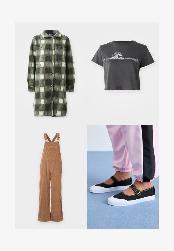 Roheline ja hall ruuduline särgifrakta, mis on valmistatud pehmest flanellist, millel on kaelus, nööpidega eesosa ja kaks rinnataskut kuldsete nuppudega.; Tumehall cropped T-särk valge stiliseeritud laine, palmi ja "ROXY" tekstiga ees.; Prunixilla puuvillased kombinesoonid laialdaste jalgadega, reguleeritavate rihmadega ning esiküljel taskuga. Pehme tekstuur vertikaalse soonikuga.; Mustad mustad jalanõud valge tallaga, millel on lõikekujundus ja kuldne pannal. Kombineeritud roosade treeningpükstega.