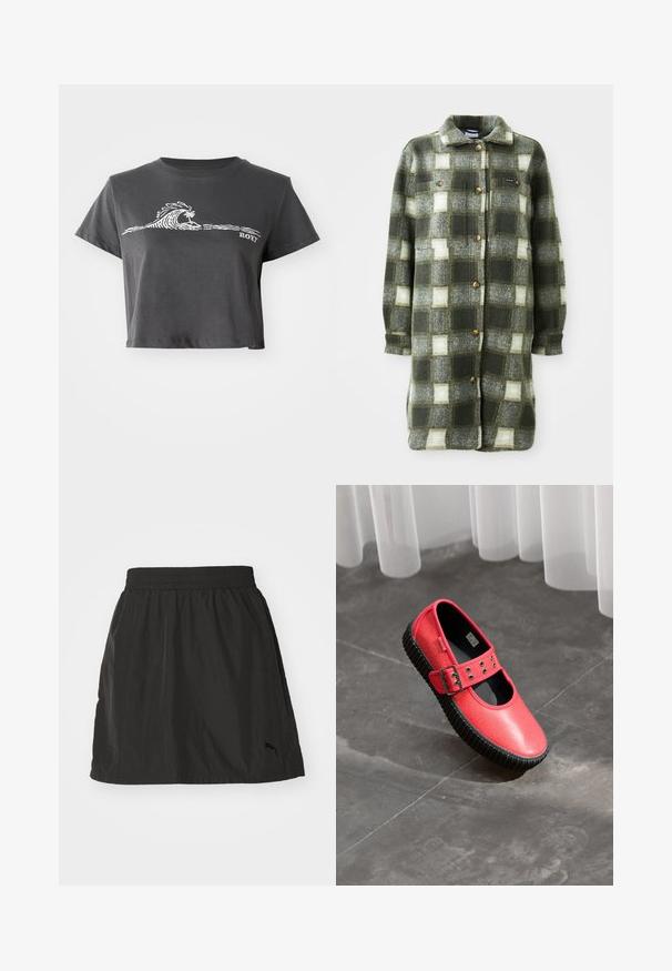 Grøn og grå ternet skjortejakke lavet af blød flannel, med krave, knaplukning fortil og to brystlommer med gyldne knapper.; Mørkegrå cropped T-shirt med hvid stiliseret bølge, palmetræ grafik og "ROXY" tekst på forsiden.; Sort atletisk nederdel med elastisk talje, letvægtsstof, lige kant og subtilt broderet logo nederst til højre.; Rød Mary Jane sko med sort tyk ribbet sål og spænde rem, hviler på grå flisegulv nær en lys hvid gardin.