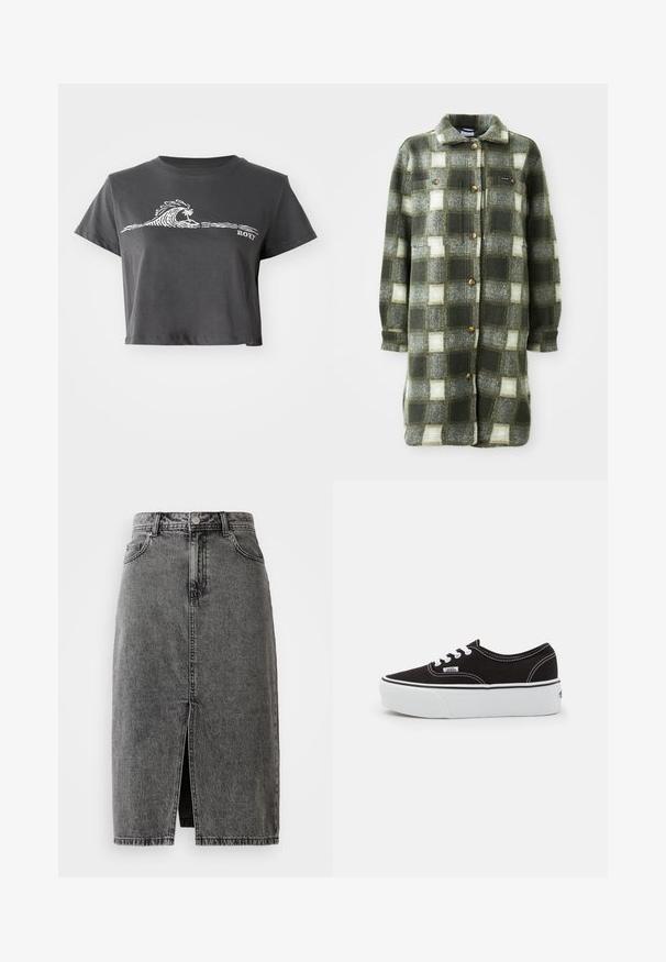 Groen en grijs geruite shirtjacket van zachte flanel, met een kraag, knoopsluiting aan de voorkant en twee borstzakken met gouden knopen.; Donkere grijze cropped T-shirt met een witte gestileerde golf, palmboom grafiek en "ROXY" tekst op de voorkant.; Hoge taille, vervaagde zwarte denim midi-jurk met een split aan de voorkant, riemlussen en een klassieke vijf-pocket ontwerp.; Zwarte canvas sneaker met een witte rubberen platformzool, voorzien van witte veters en stiksels, iconische branding op de zijkant, low-top ontwerp.